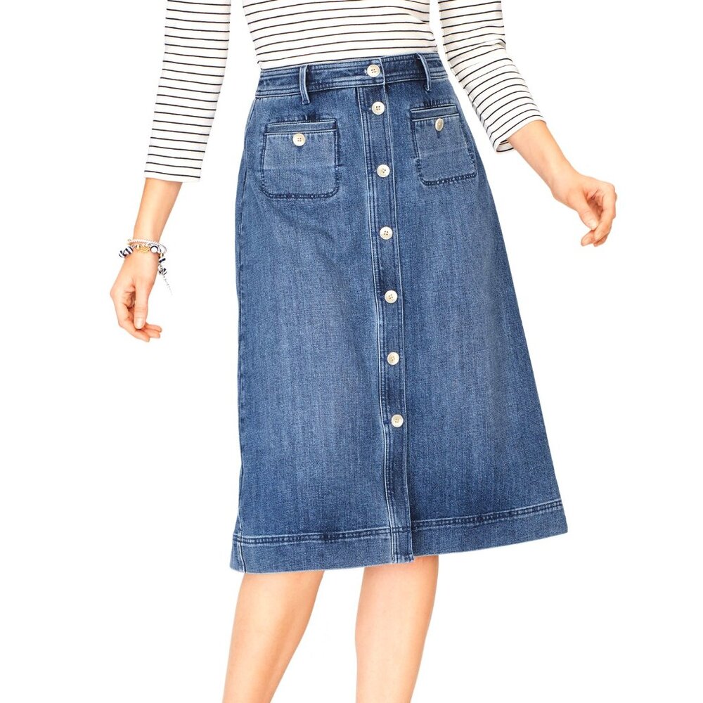 Talbots Stretch Denim Button Down A-line Midi Skirt Size 8P EUC